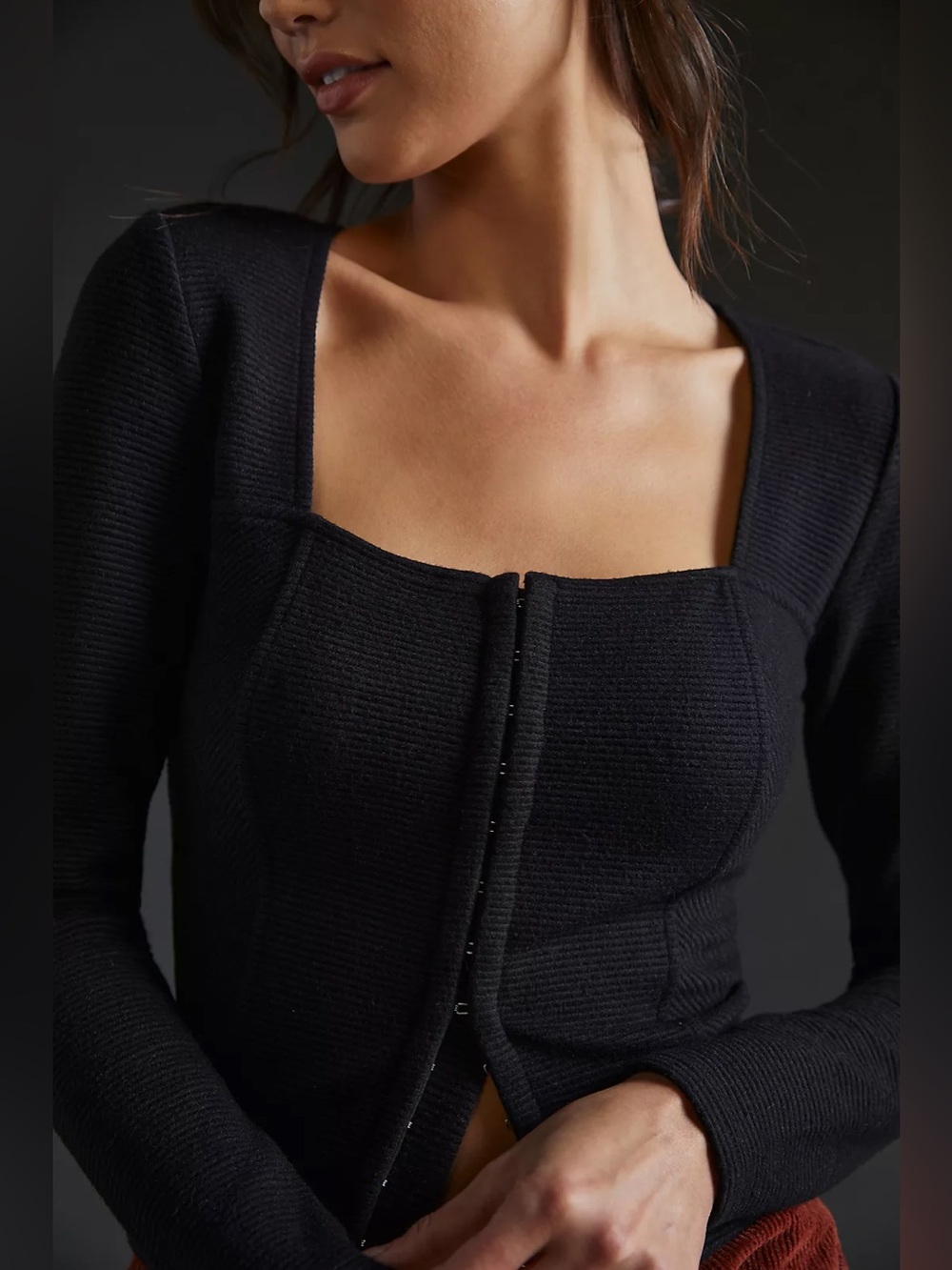 Ribbed Corset-Seamed Top Black Square Neck Long Sleeve